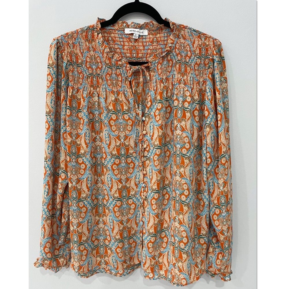 Rose & Olive Tunic Top Womens Color Orange Floral Long Sleeve Sz M